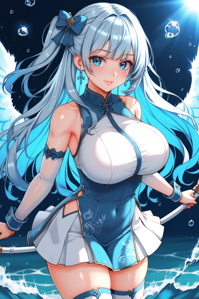 best quality,masterpiece,Ultra-high resolution,photoactual:4:0,In front of the Ice Crystal Palace,An ice goddess,Head style,Long flowing blue hair,Big breasts,Wearing a blue and white Japanese miko costume,Holding an ice crystal staff