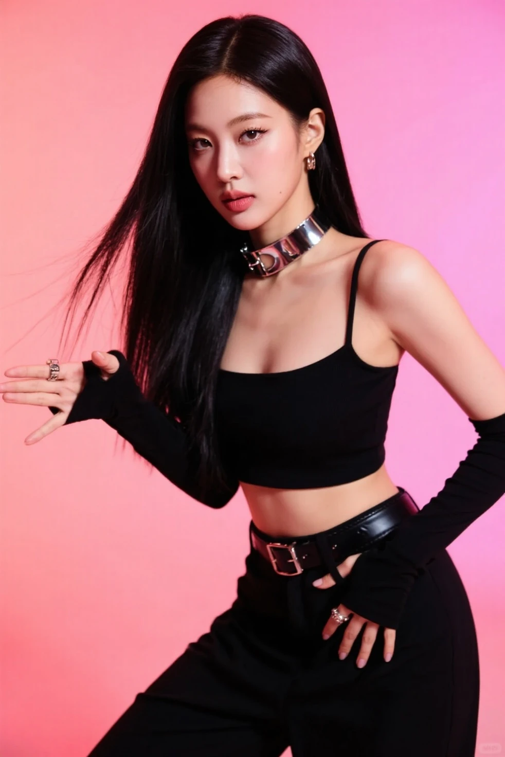 Lisa long hair, Lisa face shape, black suspender undershirt (long sleeves, bare shoulders, open waist), white miniskirt, belt at waist, light green high boots, sexy, open waist, long legs, rich details, masterpiece, superlative, realistic, HD, photographic lighting, 16k