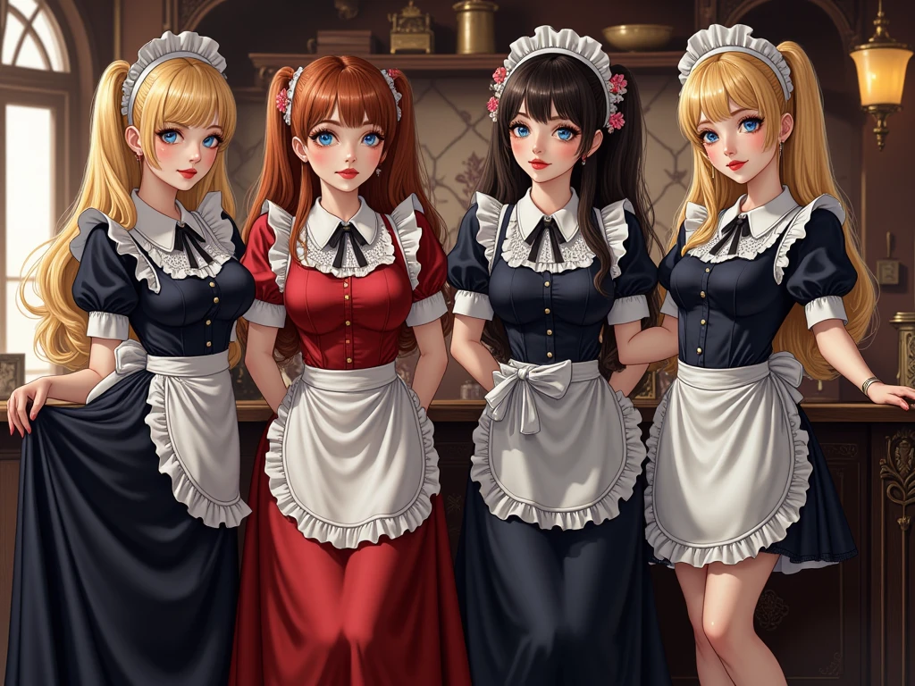 a maid cafe with four maids, two brunettes, one blonde and one redhead, highly detailed, beautiful maid outfits, detailed facial features, elegant poses, intricate background, warm lighting, vibrant colors, photorealistic, masterpiece, 8k