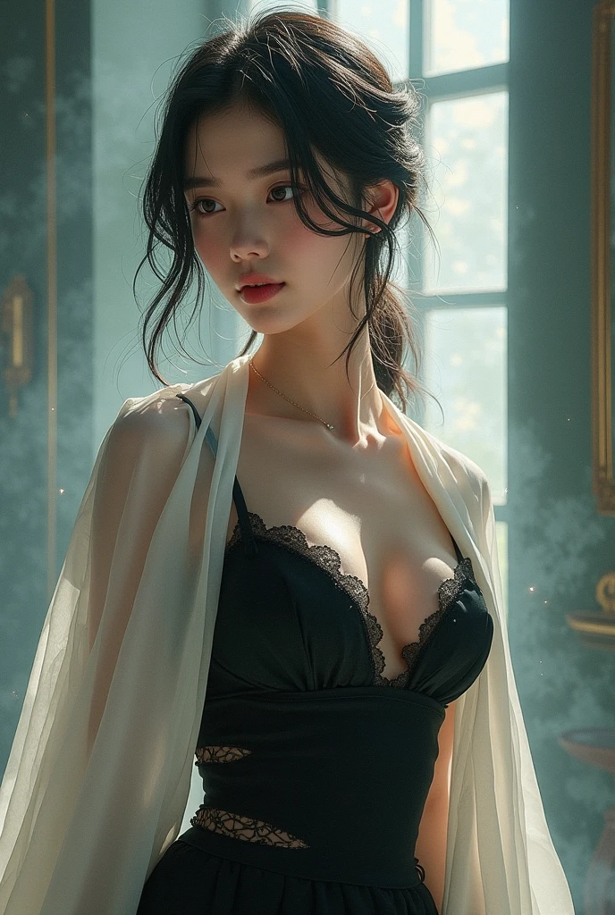 Taki, sitting on a table , (heavy eyeshadow), slender, (collar:1), White open shirt, breasts, nsfw, black lace choker, bell pendant, fantasy art, concept art, highly detailed, high quality, 8k, delicate features, feminine, seductive, Chiaroscuro lighting, (style of howard chandler christy:1.0), (art by jean-joseph benjamin-constant:1.3)