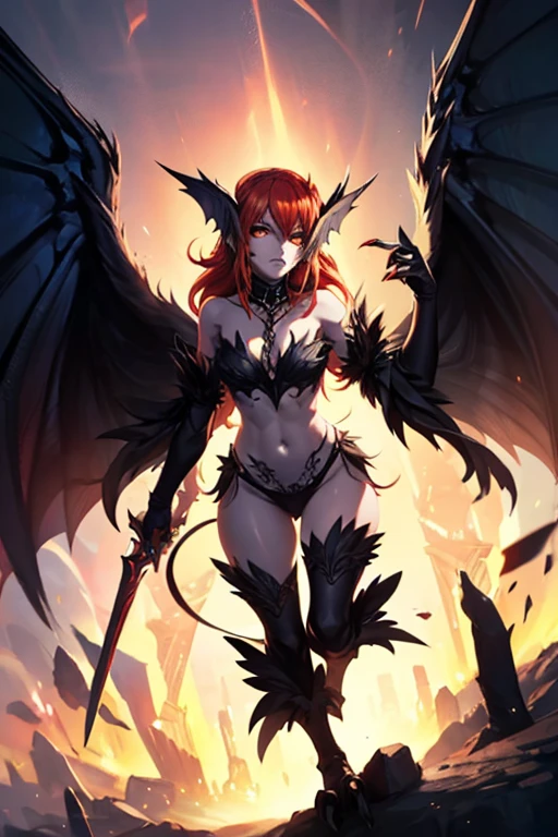 Create an image of a stunningly beautiful gorgeous perfect sexy evil sadistic demon girl, detailed perfect gorgeous face, detailed vibrant eyes, full body view, large demonic horns, long tail, heavy metal bikini armor,