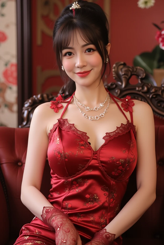 masseter film, quality, masutepiece, hight resolution, 真实感, OriginalPhotographs, 8k wallpaper, flawless perfection, profetional lighting, Very detailed, beautiful woman with depth of field)), ((20 year old sexy woman)), (In the hotel lobby), ((A dress with colors and patterns suitable for a sexy Santa Claus costume)), ((look at the audience's eyes)), 详细的脸, beautidful eyes, (sit with correct posture、Sit in front), Big breasts and good style, (sexy facial expression), Light Brown Straight Hair, (Thick lip), ((arms between legs))