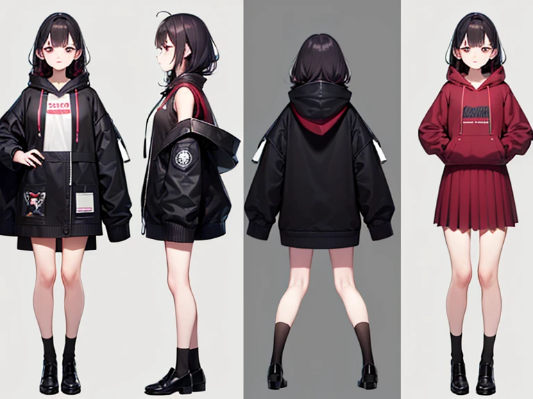 ((Masterpiece, Highest Quality)), Detailed Face, CharacterDesignSheet, full bodyesbian, Full of Details, multiple poss and expressions, Highly detailed, depth, many details,girl with black hair,hairlong,low ponytail,Thin,Thin,with slender legs,white sweatshirt,casual wear