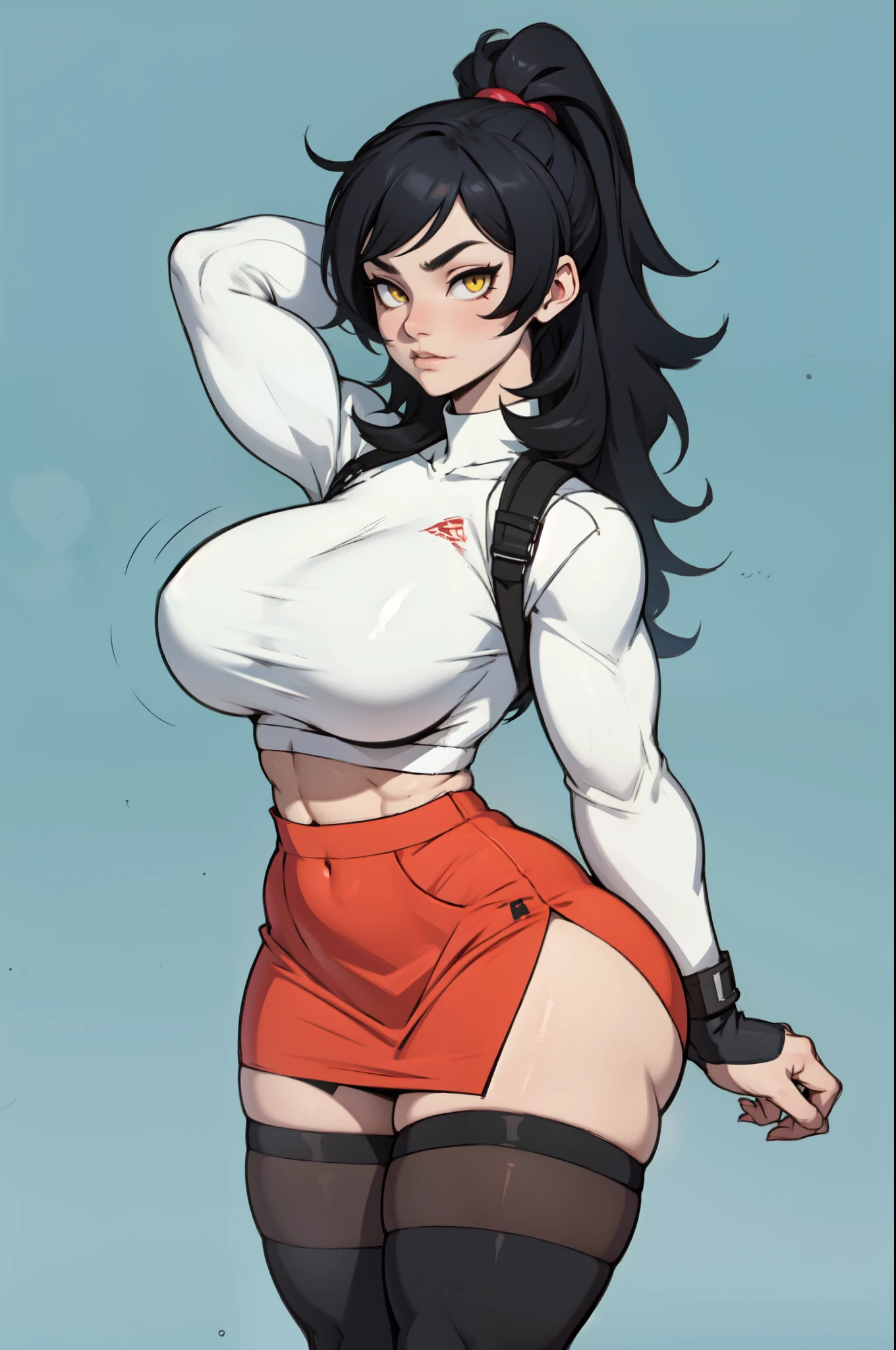 Crawling, Big ass, on all fours, Videl's breasts measure 106 cm, masterpiece, best quality, highres, videl2, solo, blue eyes, black hair, twintails, black gloves, bike_shorts, bangs, white shirt, badge, cowboy shot, frown, hand on hip, leaning forward, pointing at viewer, Big Breasts , opening your legs, Nsfw , Focus crotch, detailed and sexy crotch , vulva Nsfw , Swollen vulva, big and voluptuous crotch vulva , Super tight shorts that highlight the vulva , POV