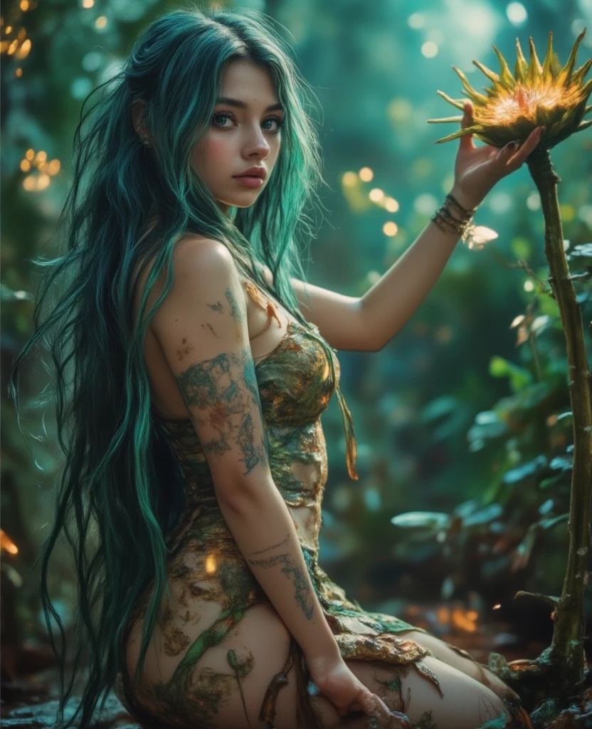 (photorealism, best quality, wallpaper in 8k ultra detailed), Druid woman, lake in the swamp, body painting, accessories, crown of leaves, carp in the water, bioluminescent effects
