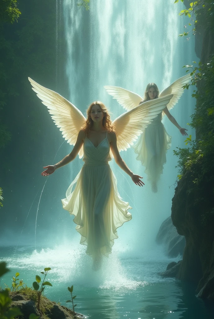 A beautiful angel bathing in a river and being watched by a woman hidden behind a tree