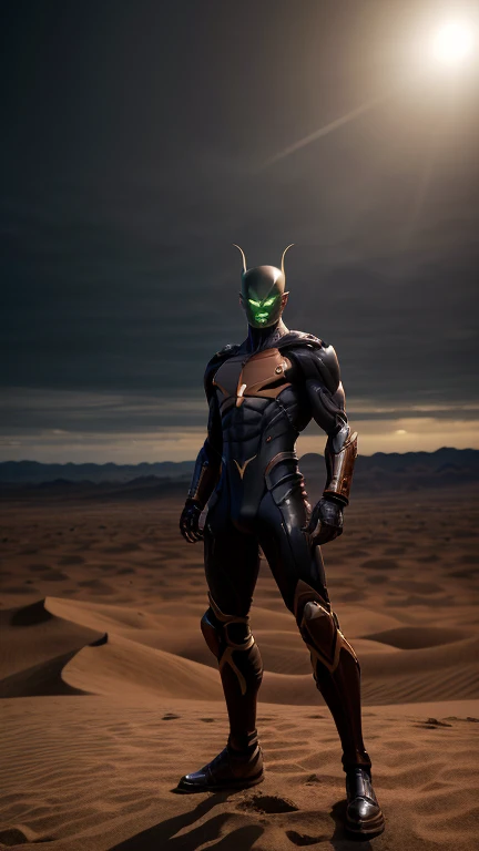masterpiece, abyss, orange haze, strange planet, one man, lost, concerned expression, wearing torn green latex suit, gold embroidery, highly detailed, high quality, HDR
