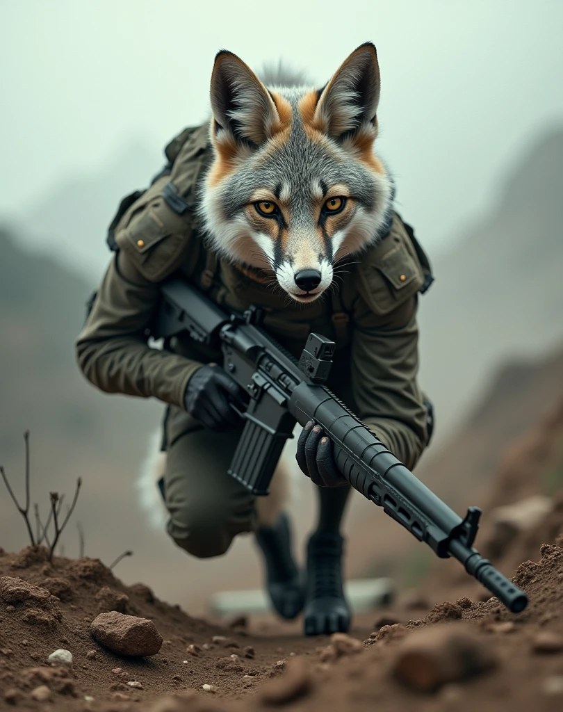 Fusion of woman and  gray fox, furry style, wearing a military uniform, carring a rifle, crawling in a battelfield