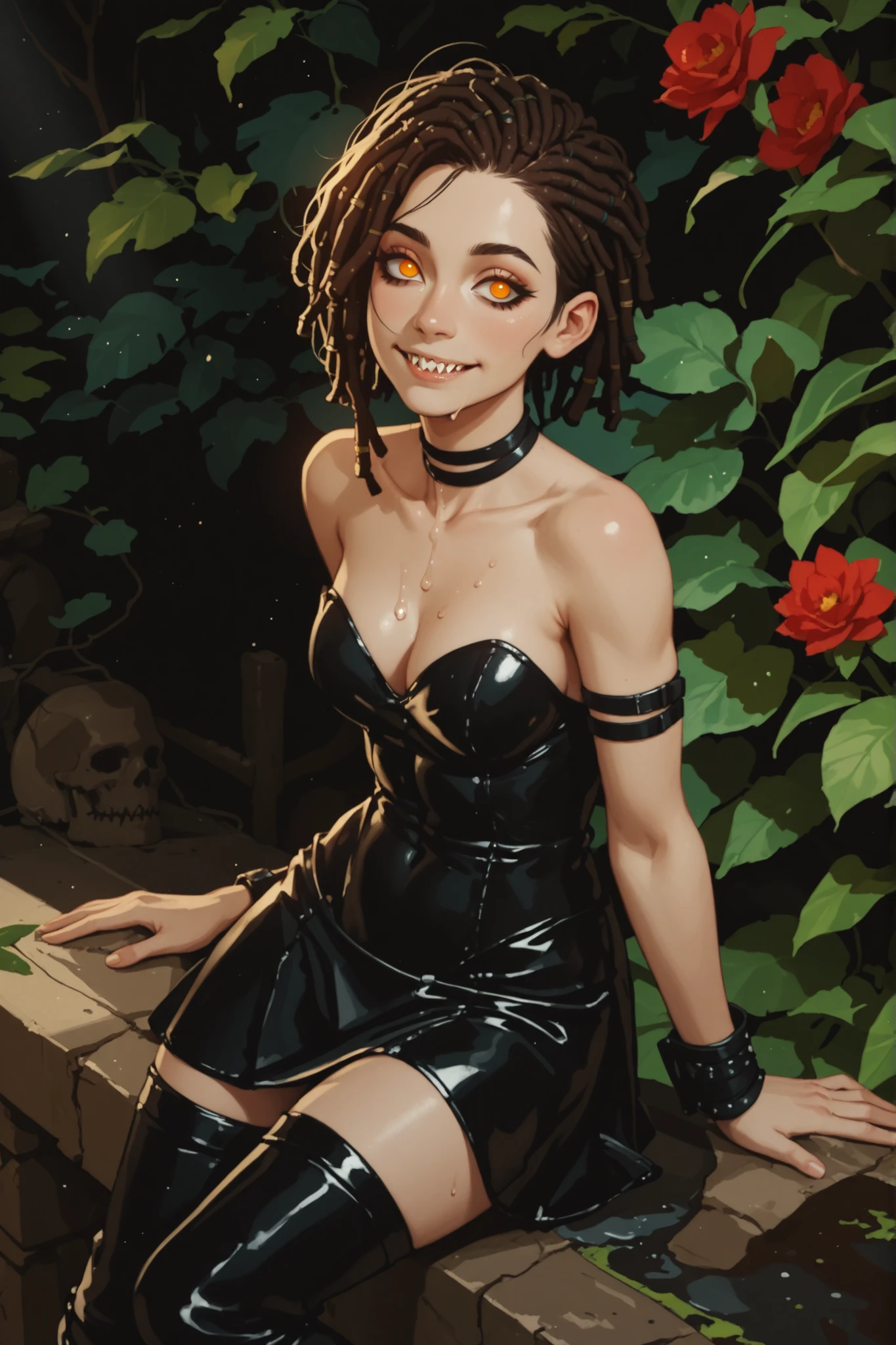 Meisterwerk, hd , great quality, very aesthetic, absurd, high contrast , high color palette , light glare ,neueste,2.5D,volumetric lighting, Sweet, jung, 1 girl, asiatisch, Mongol girl, round face, slanted eyes, big eyes, asian girl, dripping slime skin, rote Augen, Asian eyes, B-Cup, soft abs, rote Augen, Albino, leather clothing, fair-skinned, white highlights in her hair, ATHLETIC BODY, aztekisch, leather clothing, attentive, small smile, looks at the viewer, Dreadlocks, sharp teeth, Hintergrund: jungle and Aztec ruins, looks at the viewer, looks like a young Jennifer Lawrence