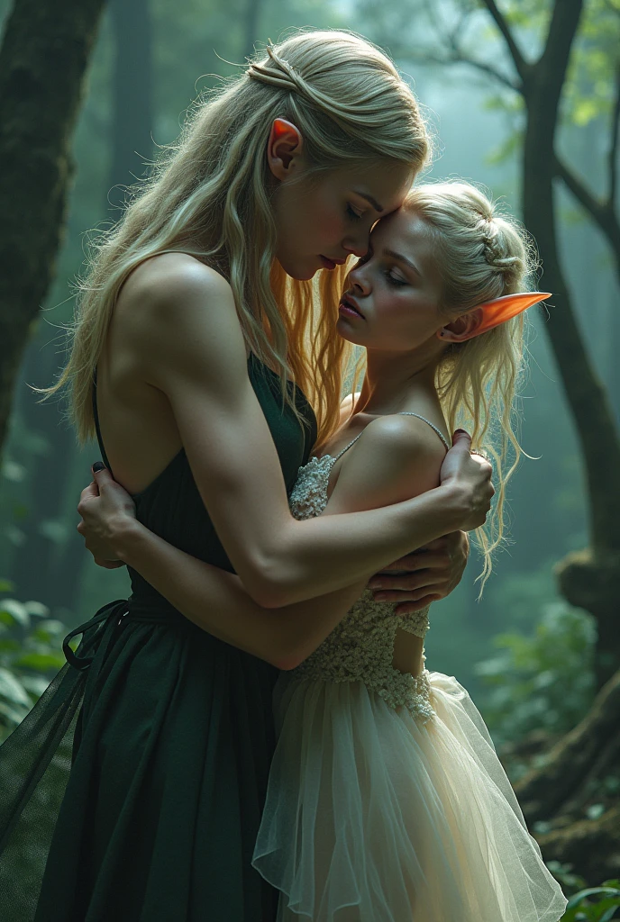Masterpiece, 2 beautiful mature female elves embracing, chest to chest, beautiful elf dress, passionately kissing, having sex, braided white hair, ((small)) firm perky breasts, slim athletic body, tall, mysterious expression, fantasy forest, HD, (detailed skin texture:1.1), best quality, ultra high res, (photorealistic: 1.4), Raw photo, by Ellen von Unwerth, Nikon D850 Film Stock Photography, F1.6 Lens, Rich Colors, Realistic, Cinestill 800, backlight, rimlighting, sunlight