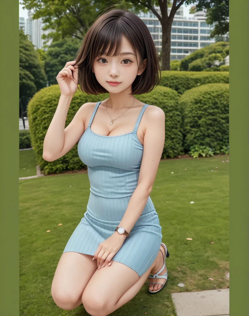 highest quality、8k、Ultra-high resolution、Clear photos、Professional Lighting、Very cute girl、Round face、Round eyes、Very short hair、smile、Ultra slim、Narrow waist、Large erect nipples、sitting on a park bench:1.6、She is wearing a light blue mini dress:1.6、Spread your legs wide:1.2、She gets excited and shows off her white panties:1.6、Full body photography:1.4、Crowded shopping street