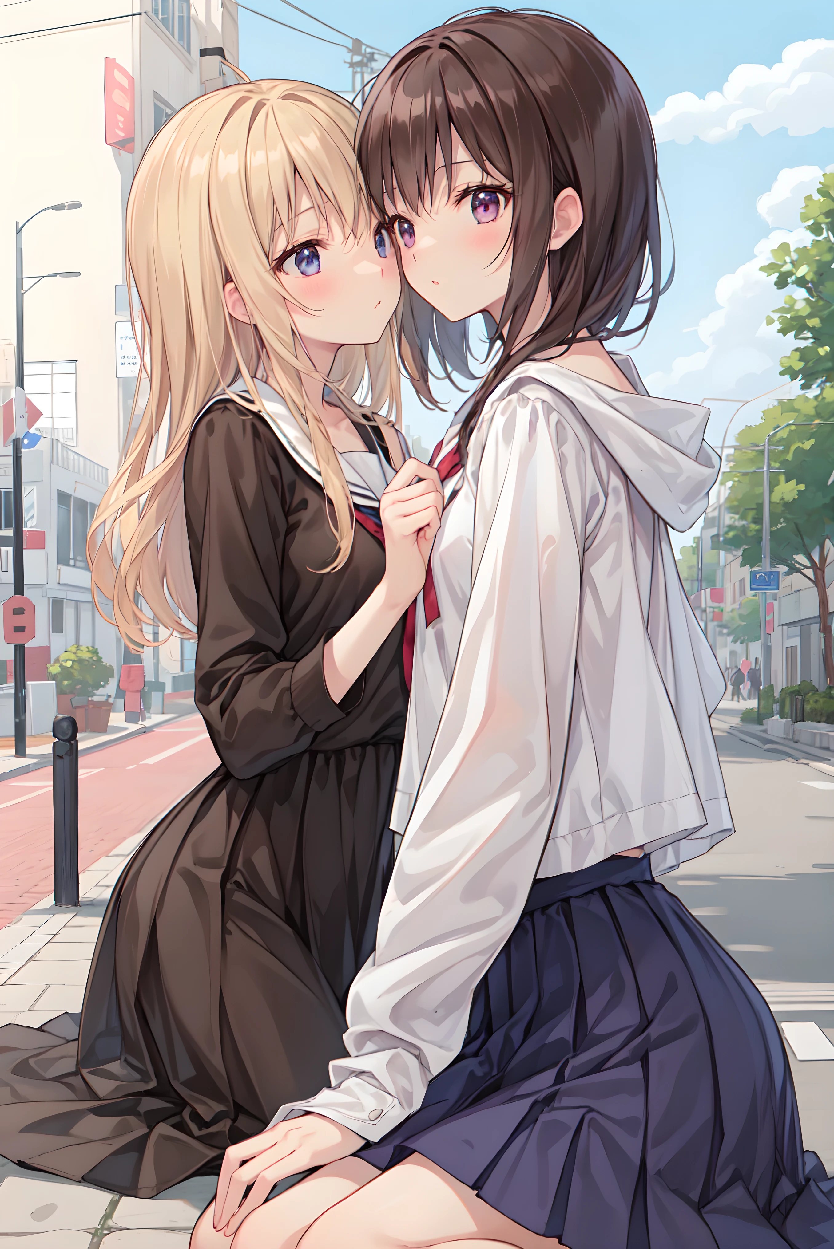 (masterpiece) attention to detail, masterpiece),(high image quality)One couple in their 20s, female1名、Kiss、Romance、Sparkling atmosphere、Glossy appearance、Night City,female(brown medium long hair )close ~ eye、Sweet Sigh、male(Black Disheveled Hair、Y shirt, shirt)tightly close your eye、background、The night deepens、 dark, femaleはショックを受けた, maleが壁に向かって彼女にKissをする, maleが腰を抱く, And his eye were tightly closed, romantic environment ,((Highest Quality)), (Very Detailed), (high image qualityCG合成8K壁紙), 高いly detailed, high-definition raw-colored pictures, professional photography, (((Bokeh))), writing boundary depth in the street,Bust、 Hair,Shortcut,unkempt hair,Short braided hair,Neat, slender beautiful woman, correct posture,Small chest,beautiful legs,魅惑的なグレーブルーのeyeは星のように輝いている,垂れeye,bright colors,美しいeye,A delicate smile,Textured Skin,best quality,優しくて美しいfemale,anime style、