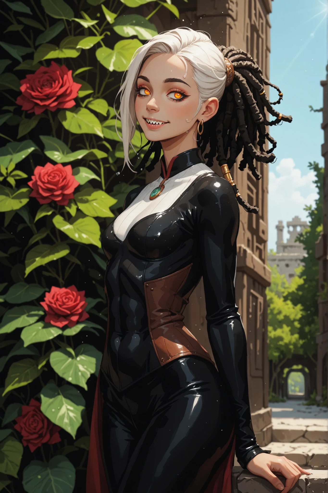 Meisterwerk, hd , great quality, very aesthetic, absurd, high contrast , high color palette , light glare ,neueste,2.5D,volumetric lighting, Sweet, jung, 1 girl, asiatisch, Mongol girl, round face, slanted eyes, big eyes, asian girl, dripping slime skin, rote Augen, Asian eyes, B-Cup, soft abs, rote Augen, Albino, leather clothing, fair-skinned, white highlights in her hair, ATHLETIC BODY, aztekisch, leather clothing, attentive, small smile, looks at the viewer, Dreadlocks, sharp teeth, Hintergrund: jungle and Aztec ruins, looks at the viewer, looks like a young Jennifer Lawrence