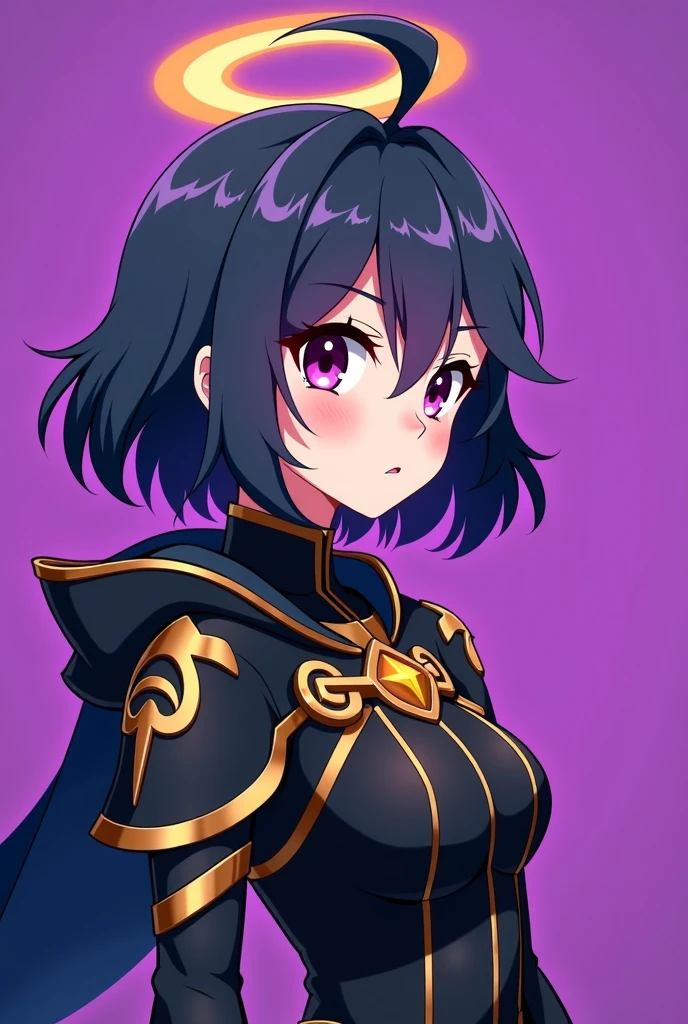 background shadow covered girl, covered in shadows, lack shadows in background Anime girls, carrying katana, anime, short black hair with neon purple highlights, hair is above shoulder height, smooth beautiful, 4k, anime art, pendant on hair, cross t necklace, vivid black purple dress, battle armor golden armor, little clothing