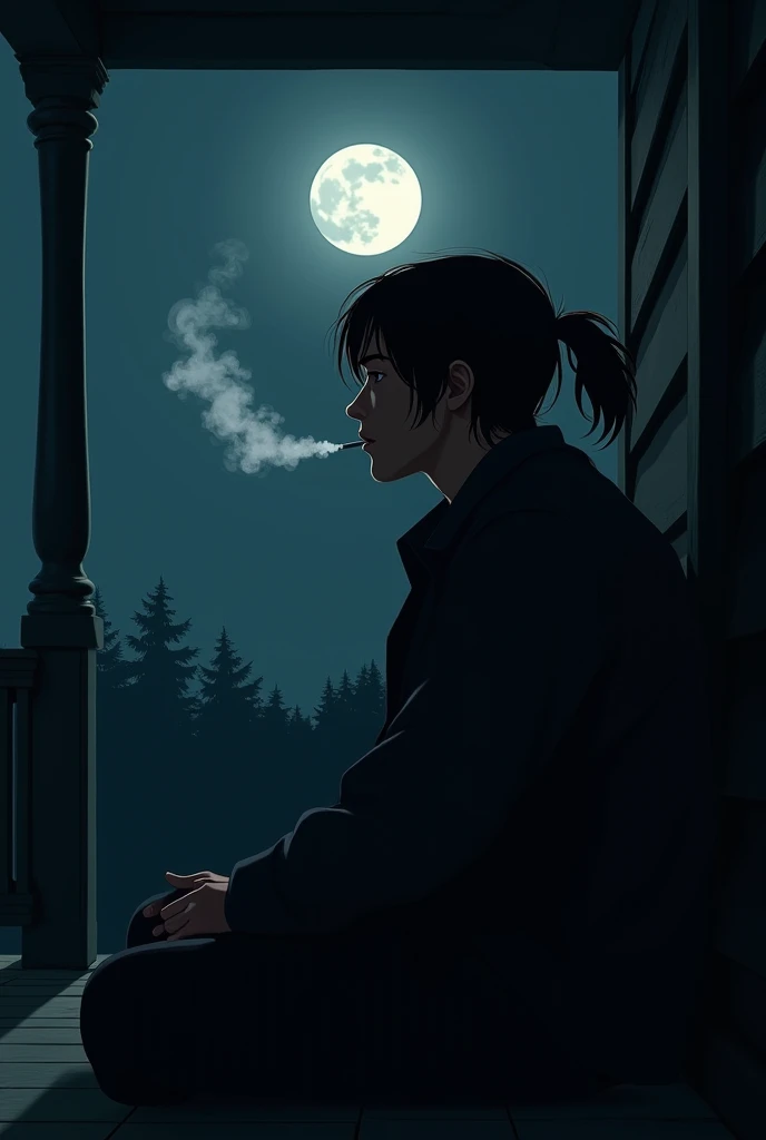 Silhouette of a man smoking,was sitting on the terrace of the house,exhale cigarette smoke,alone,lonely,sadness,suffer,the night,moonlight,medium length hair type,ponytail hairstyle.