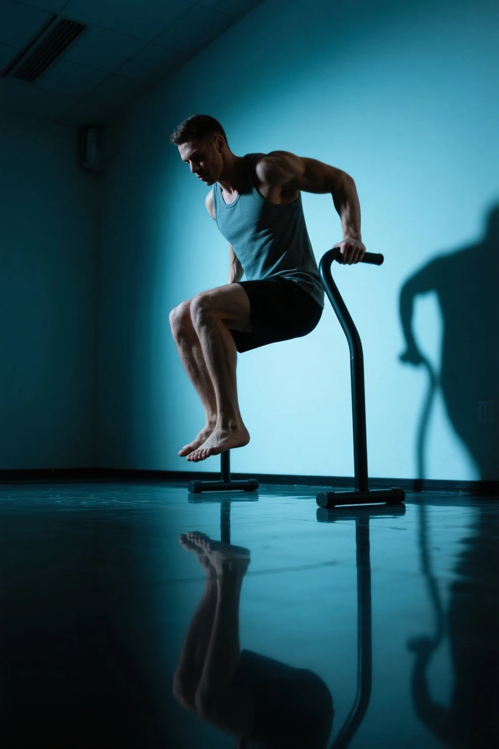 A man who is working out,strong muscle,Bench press,Sport Tank Top,shorter pants,athletic sneakers,realisticlying,Ultra high quality,Photorealsitic,photore,extreme hight detail