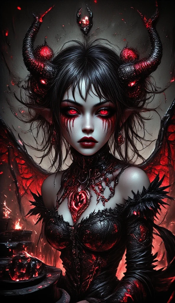 A cinematic ultra realistic photoshot of a dark fantasy portrait of a seductive succubus named Lady Venus. She has striking black hair with neon red tips and wears a crown. She has large, glowing red eyes and wears dark clothing. Her wings have a vibrant red center. The background is a dark, gothic architecture. The overall composition is illuminated by dramatic lighting. This portrait is a masterful award winning photography  