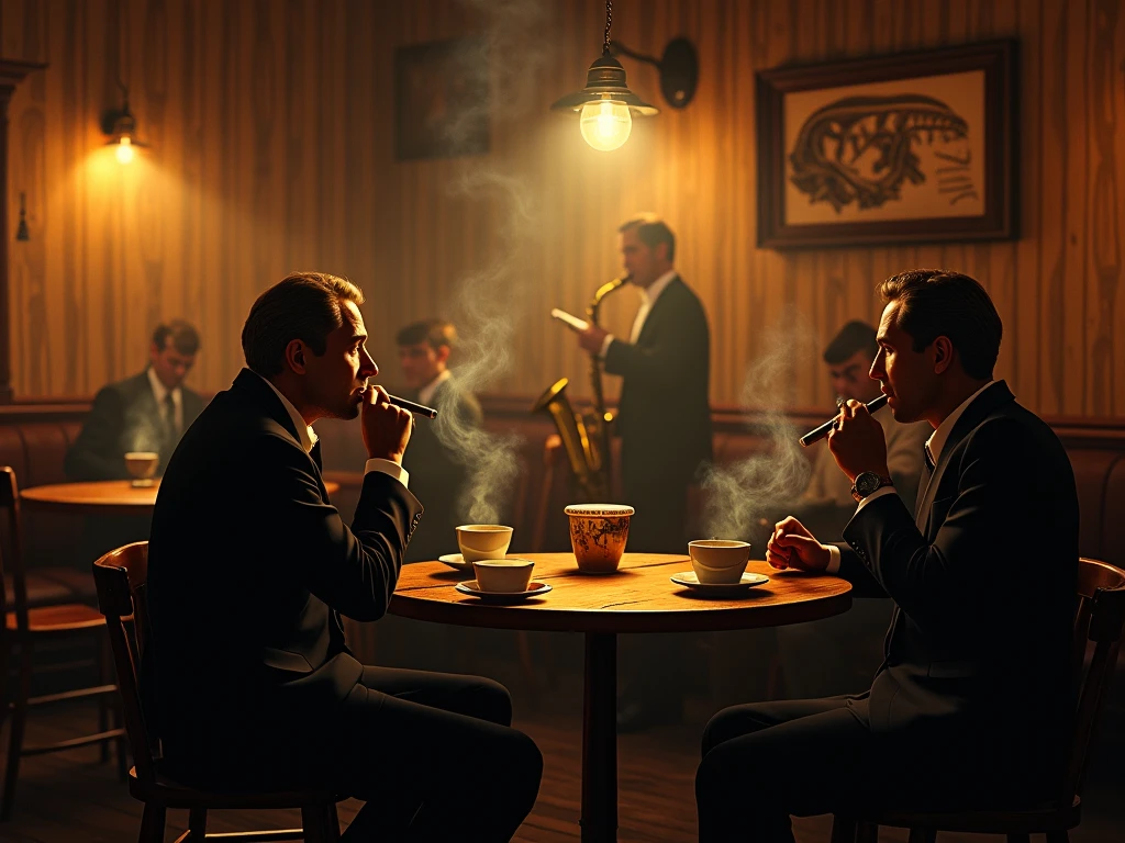 A woman is sitting at a piano in a bar, There is a man next to me playing an acoustic guitar.,film noir jazz bar, 1 9 3 0 S Jazz Club, 1 9 2 0's Style Speakeasy, Speakeasy bar background, inspired by Art Frahm, Wayne England, film noir realistic, Cozy, dark 1920s speakeasy bar, Scott M. Fischer