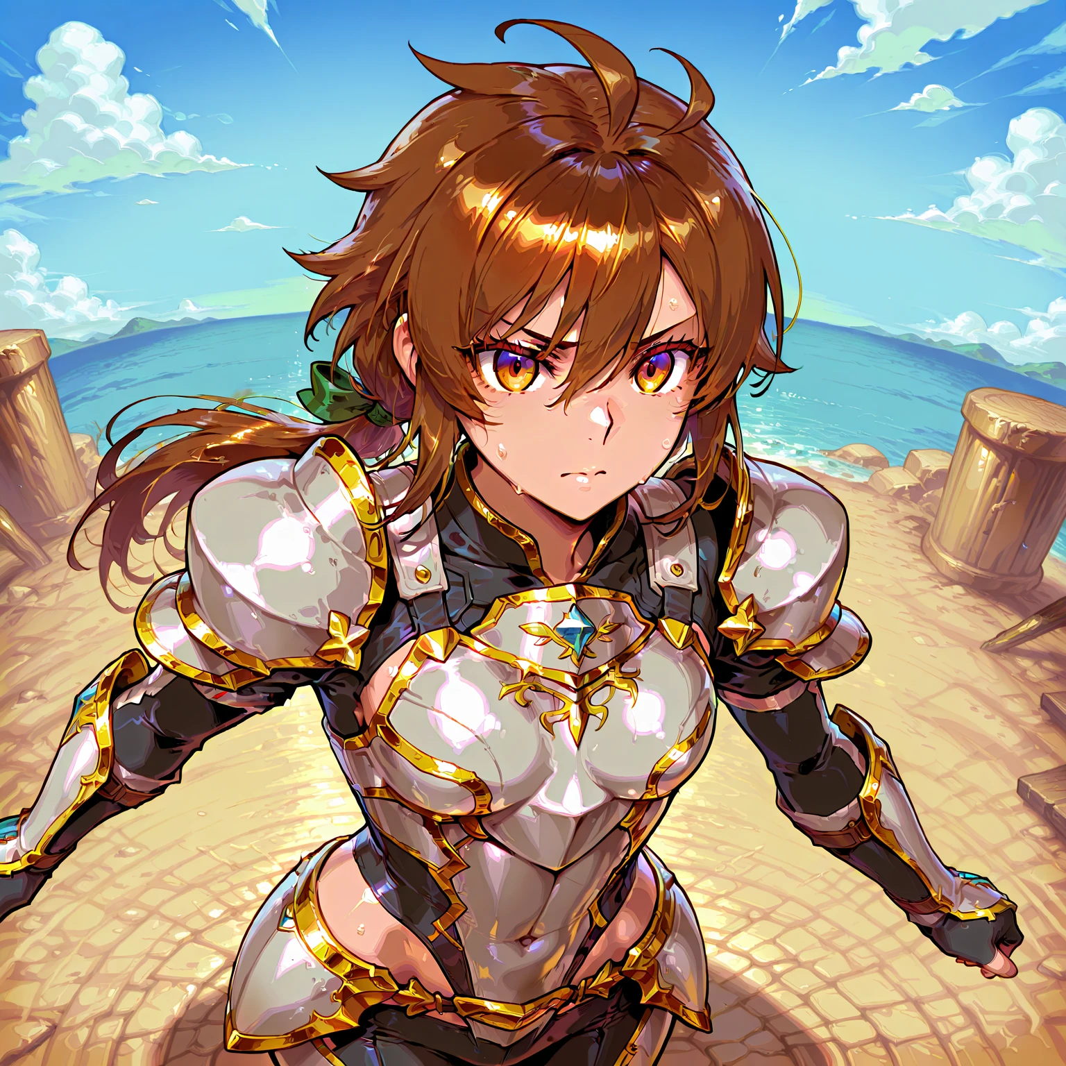 Close-up of a woman in a black bikini outfit holding a sword, knights of zodiac girl, portrait knights of zodiac girl, Woman with short red hair, Brown-eyed woman, Muscular woman, feminine and muscular, In garnet armor, Bikini Armor Girl, Woman in belly button costume, huge tit, with large breasts, oppai, seductive princess knight, Smooth Anime CG Art, Princess Knight, princess intergalactica, big muscle, Princess of Garnet, Garnet reflective armor, digital manga art, High quality anime art style,