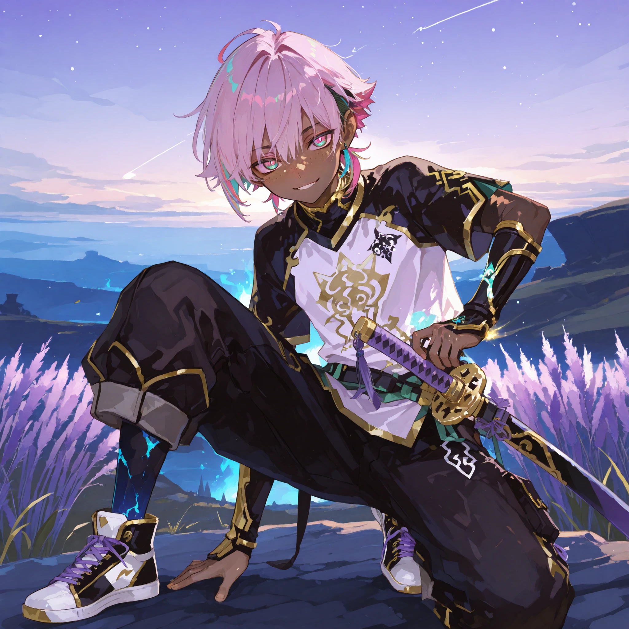  
 fantasy outfits,  holographic, alternative-style.  tanned boy mixed-race black skinned skinny young boy with freckles, glowing clear glossy wet shiny skin, short spiky lavender and salmon pink hair , black trimmed undercut taper sides and back behind hair, and sky blue neon eyes, baggy combat gi shirt with lavender trims shirt with black sleeves,  boy gold trim, with cargo amored baggy pants with gold accents and armor, anime-style, detailed and vibrant, and bright holographic, tone, dawn, full body pic,  in a fighting combot pose pose with a wide smile pose holding a obsidian purple and black katana,  very shiny skin and silked, with   lavender white torn socks with gold trims, fantasy holograhic, combat high sneakers