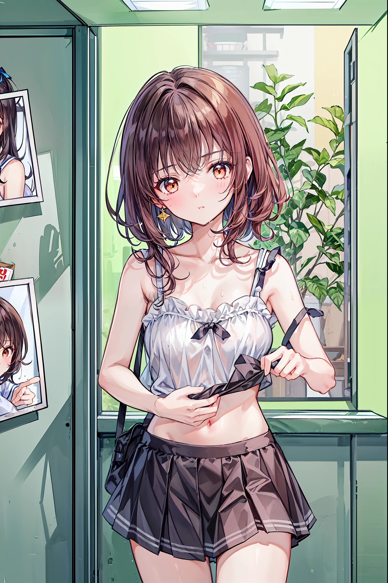 (small :1.2), (perky :1.1), (pointed :1.0), (hand gun magazine cover:1.3)，(from below:1.2),(from side:0.9),masterpiece, 1girl, Amazing Cleavage:1.1, thin waist, big , Raised , small : 1.2, posed cleavage:1.2、solo, open mouth, have a cute grass of cute beergrass,black hair, dark green eyes, dress,  shoulders, jewelry, collarbone, sidelocks, hairband, earrings, indoors, off shoulder, sweater, arms behind back, plant, short hair with long locks, gild hairband, sweater dress:1.2, off-shoulder sweater, red sweater, dark gord hair, big side hair, very long side hair,is rendered in (masterpiece: 1.2, best quality), with (ultra high resolution) and an exquisite (depth of field). This masterpiece is not only visually stunning but also tells,A scene of cooking in the kitchen by classroom ,looking at viewer,
