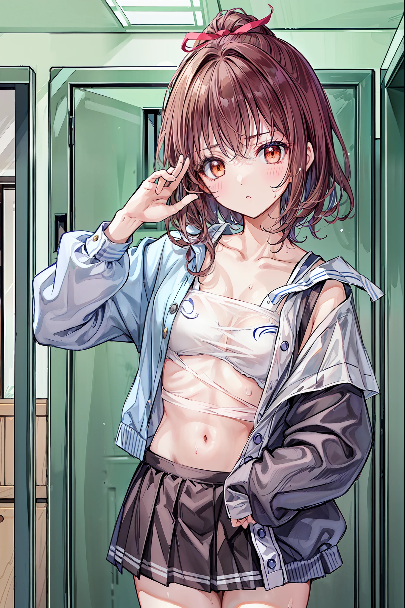 night,surprise,blush,Changing clothes in the girls&#39; room,White shirt,In the process of removing panties,Pleated skirt,Photoreal 1;4,shoulder length brown hair,{high quality pink bra}},from back1;4, {{beautiful medium size breasts 1:4}}, torn shirt, high quality panties,{{schoolgirl}},top quality,cute girl,high quality background, slanted eyes, detailed shirt chest wrinkles,BREAK, {{beautiful blue eye1:4}}, BREAK, five fingers