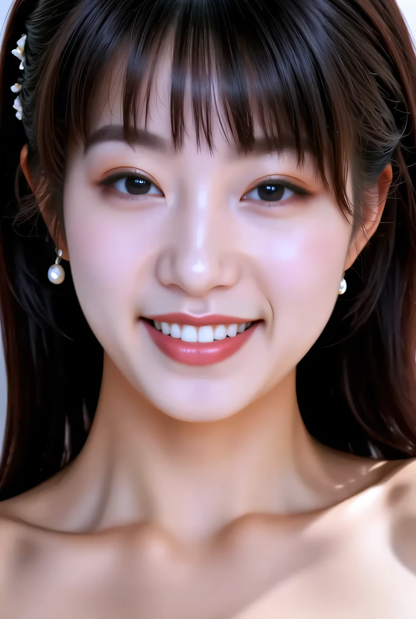 {{8K},{Top Quality},{Masterpiece},{Realistic},{Highly Detailed},{Photorealistic},{{{Black Hair}},{{{(Straight Hair}}},{{Bangs:1.8)}},{{Detailed Face},{Detailed Eyes}},{{Lipstick}},{Fine Skin},{Fair Skin},{{{topless:2}}},{{((topless,High School Girl:18 Years Old):{{{{Double Eyelids, Big Eyes,,Mascara,}}}},:{{Shining Beautiful Skin:Small Breasts:((Large Breasts neck(red))long nipples:1.3))}}, ((big areola(red)big areola)), (((naked:(nude):pussy))), (cute face:smile:showing teeth), (beautiful delicate eyes), {{{black hair}}, {{{short straight hair}}}, {bangs:1.2)}}, {{make face look smaller}}, {{draw face in detail}, {{draw eyes in detail}}, {{lipstick}}, {draw skin in detail}, {draw skin white}