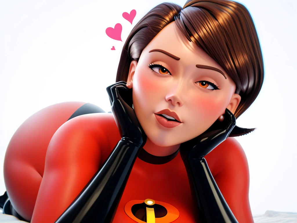 Helen Parr, defined face, defined eyes, full lips, thin upturned nose, orgasmic expression, defined figure, thick legs, thin waist, huge breasts, detailed delicate hands, much more voluptuous, more muscular, much more lascivious, suck cock, titjob , blowjob, riding cock, hard sex, Helen Parr riding Dash's penis