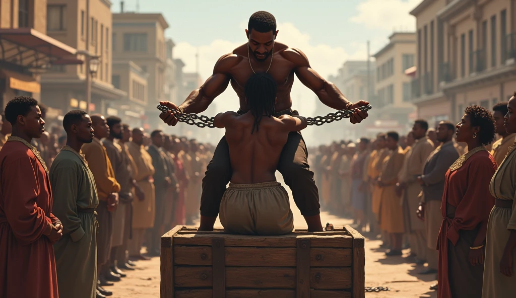 there are two men, man from the left side wearing slave collar with chain, ottoman slave, no upper cloths, old and rusty cloths, only down cloths, the man slave shouting begging for his life, ugly, black man, running, from his right side an executioner holding an axe looking at the slave, wearing executioner mask, realistic image, 16k resolution, background ottoman empire with many people gathered
