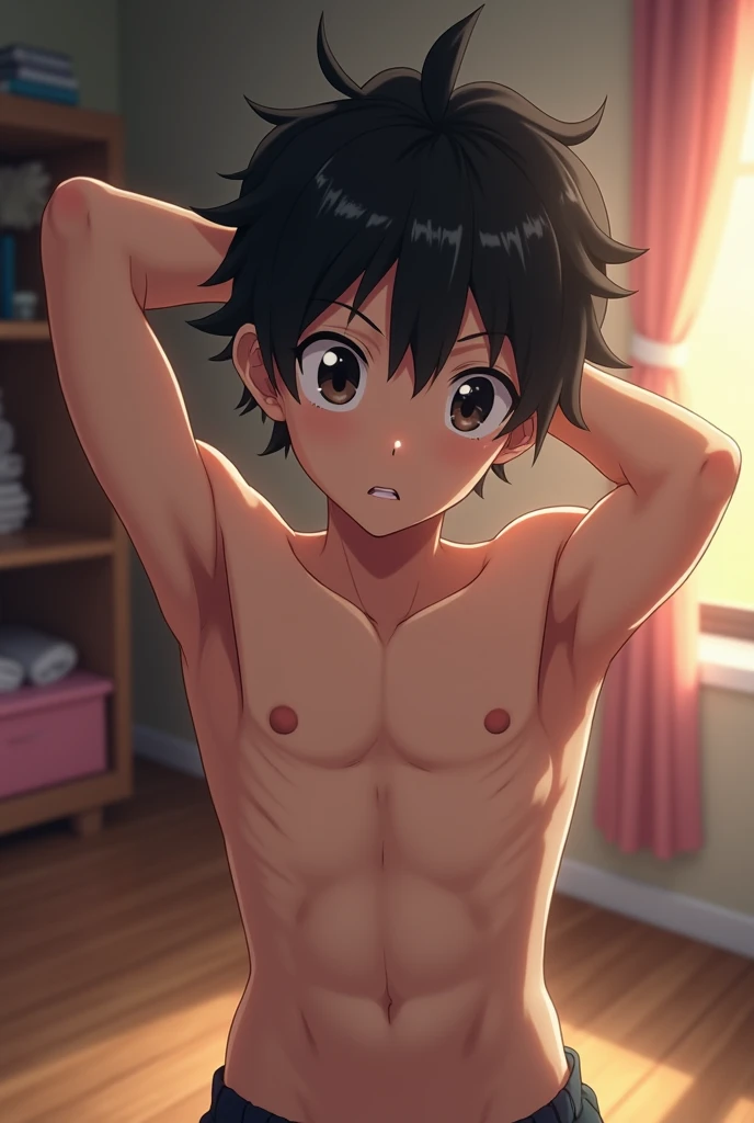 Black hair , yellow eyes anime boy, showing dick precum in undie