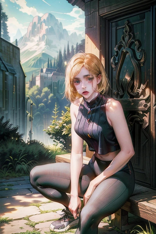 (((gorgeous girl, sitting in a squat position, the girl has curvy body, wide hips narrow waist big breast, background of a super detailed street with trees and aesthetic path to a mountain, wearing super tight transparent black leggings and a black tight tank top))) ((ultra high quality, masterpiece, cozy vibe, modern background, ultra high resolution, ultra detailed, ultra detailed clothes, ultra detailed character, ultra detailed face, ultra detailed eyes, ultra detailed mouth, ultra detailed hairs, ultra detailed background, best quality, highest quality, ultra vibrant, ultra sharp, ultra crispy, ultra clear, ultra sharp focus, intricate details, ultra detailed depth, ultra detailed darker parts and lighter parts, ultra detailed objects, ultra detailed background objects, ultra detailed colors, ultra detailed lines, ultra detailed textures, ultra detailed physics, ultra detailed expressive image, amazing scenery, amazing view, golden ratio, breathtaking beauty, eye catching, ultra detailed amazing scenery, cozy scenery, correct anatomy, perfect anatomy, detailed molecules. detailed atoms, high quality shadow, high quality contrast, high quality vibrancy, background that complements the image’s aesthetics))