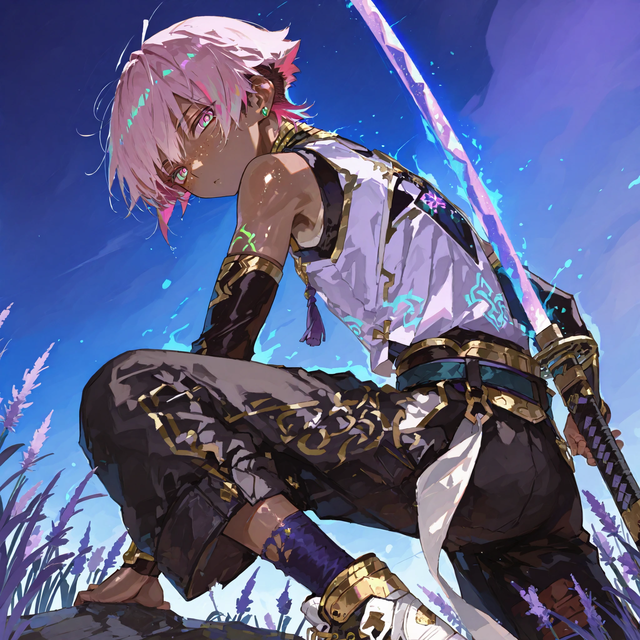 fantasy outfits, holographic, alternative-style. tanned boy mixed-race black skinned skinny young boy with freckles, glowing clear glossy wet shiny skin, short spiky lavender and salmon pink hair , black trimmed undercut taper sides and back behind hair, and sky blue neon eyes, baggy combat gi shirt with lavender trims shirt with black sleeves, boy gold trim, with cargo amored baggy pants with gold accents and armor, anime-style, detailed and bright holographic, tone, in a fighting combat pose pose holding a obsidian purple and black katana, very shiny skin, with lavender white torn socks with gold trims, fantasy holograhic, combat high sneakers