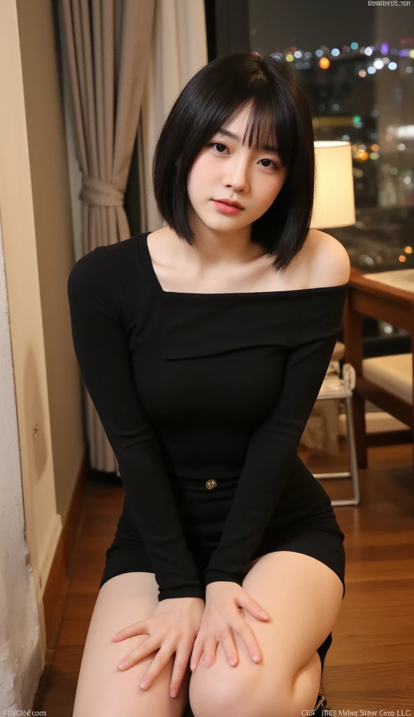 1 Girl,Sit on a comfortable sofa,Soft Light,Chinese Beauty, Short sleeve,Short suit skirt,,Dark-haired,Length of hair