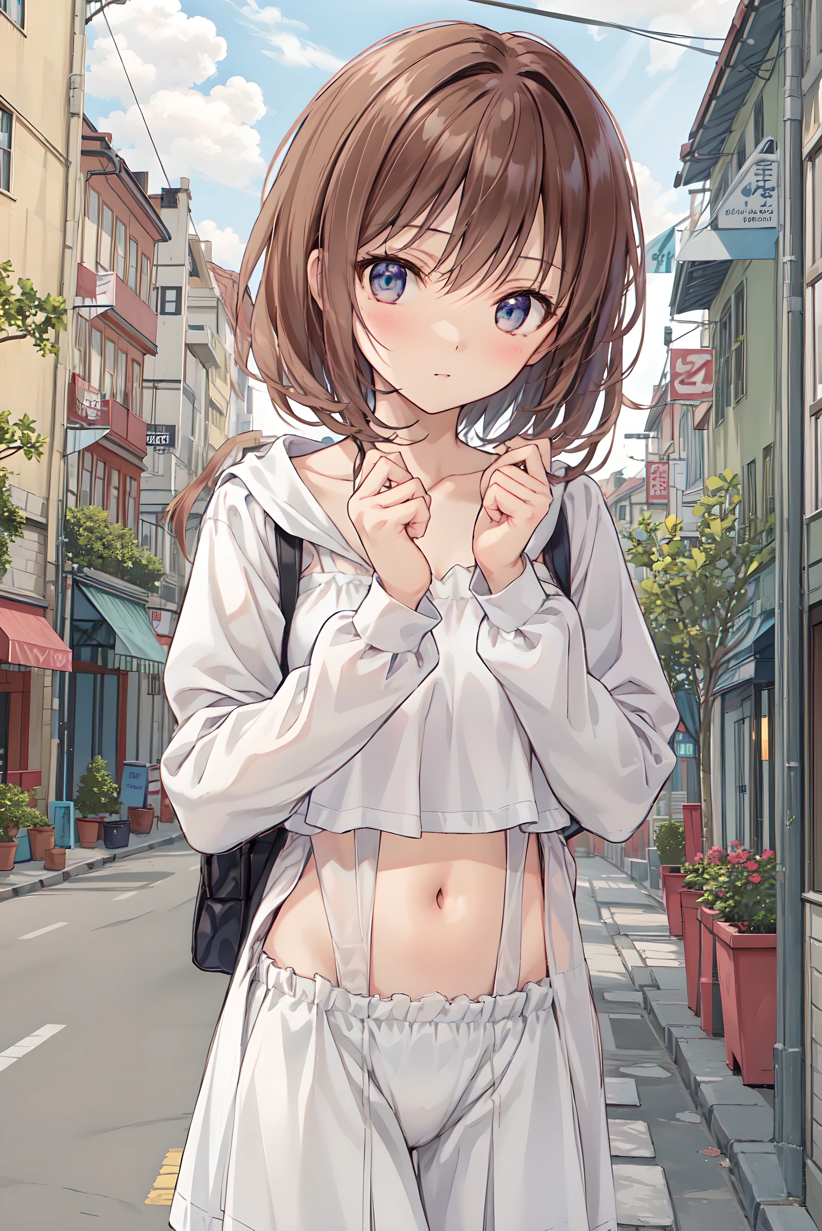 ((masterpiece,Highest quality;1.3,best illustration)),cowboy shot,1woman、25 year old beauty、独奏,((very small head:1.5)),brown hair,short hair,bangs,brown eyes,gorgeous eyes,blush,small breasts,((very long body:1.3)),((toned body,slender body:1.3,skinny)),gleaming skin,shiny skin,oily skin,(White tight T-shirt、denim micro shorts)、on street,Tokyo,