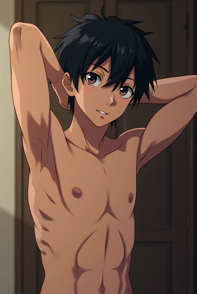 Ultra sharp, Anime style, Highres, Masterpiece, Best quality at best,Best Quality,hight quality, hight detailed, sarada, 1boy, Young boy, handsome, Dark skin, Shirtless, Topless, Belt, Slim body, Body, Short body, Undercut hair, perfect face, shy expression, dynamic lighting, 10-Year-Old-Boy, Seen from side, (Showing armpit:1.3), (very young boy), (very small and short body), , Choker, Sweat, Simple beckground