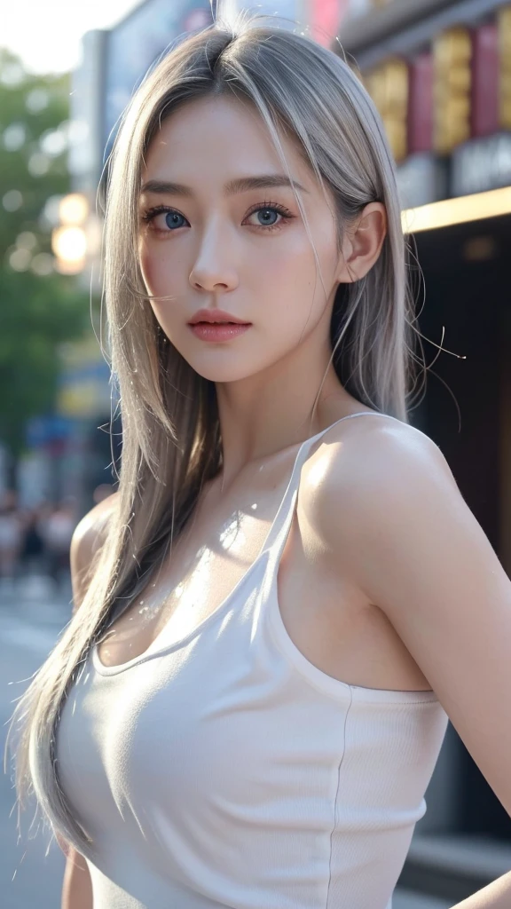 Masterpiece, highest quality, (((masterpiece))), (((highest grade))), ((extra fine)), (illustration), ((extremely delicate and beautiful)), (beautiful detailed eyes), (detailed light), (1 girl), (big_breast:1.2), long hair, (white hair), dark brown sparkling eyes, natural, slight smile, complete anatomy, highly detailed beautiful face,(at street), (wearing office blouse and office skirt), (attractive pose:1.2), (wet clothes), (raining), (wet body), walking, cloudy, (wet hair:1.2), (standing), (((whole body)))