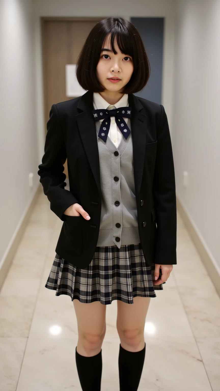 top-quality、Super Detail、front of view、、((wearing school uniform)),、a、You can see up to the feet、skinny thigh、perfect hand、perfect foot、Perfect body、Sexy Shots, Photorealsitic, 8K、The lateral chest is visible、、Ordinary chest、Beautiful body lines、being thin、short hair、Skin revealing,,((plaid miniskirt)),,((plaid ribon,plaid bow)),in classroom,,,(((showing race panties))),,wavy short and Brown hair,makeup,((blazer style uniform,sitting on the desk,detailed panties,cute panties,spreading legs open wide with knees bent,creating the shape of the letter
