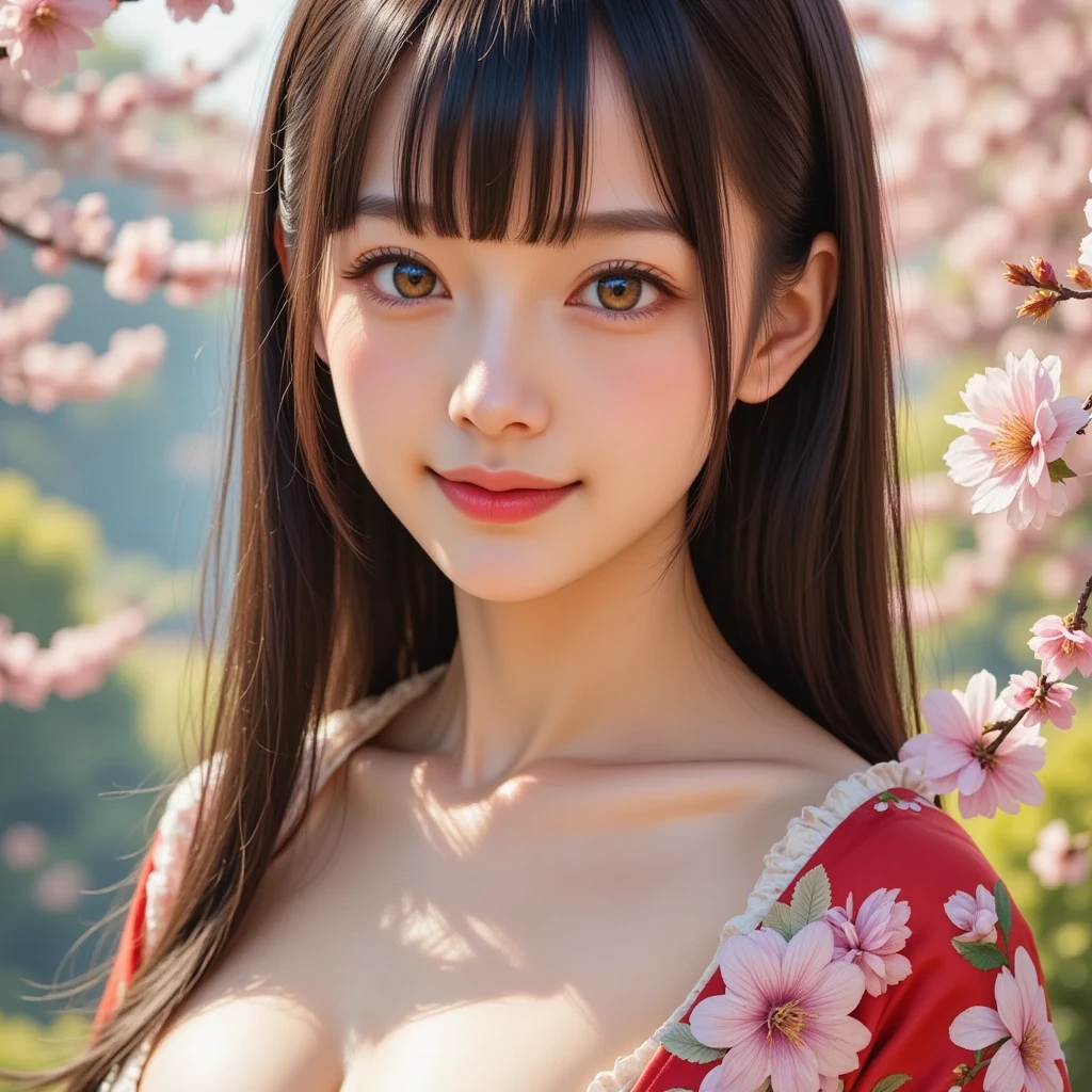 ((master piece))、((super detailed))、((beautiful girl))、(best quality)、(Cherry tree in full bloom)、(looking at the viewer)、(glamorous body)、(realistic black hair)、reflex hair、pout a little、beautiful and fine eyes、(red kimono、open shoulder、open nipples)