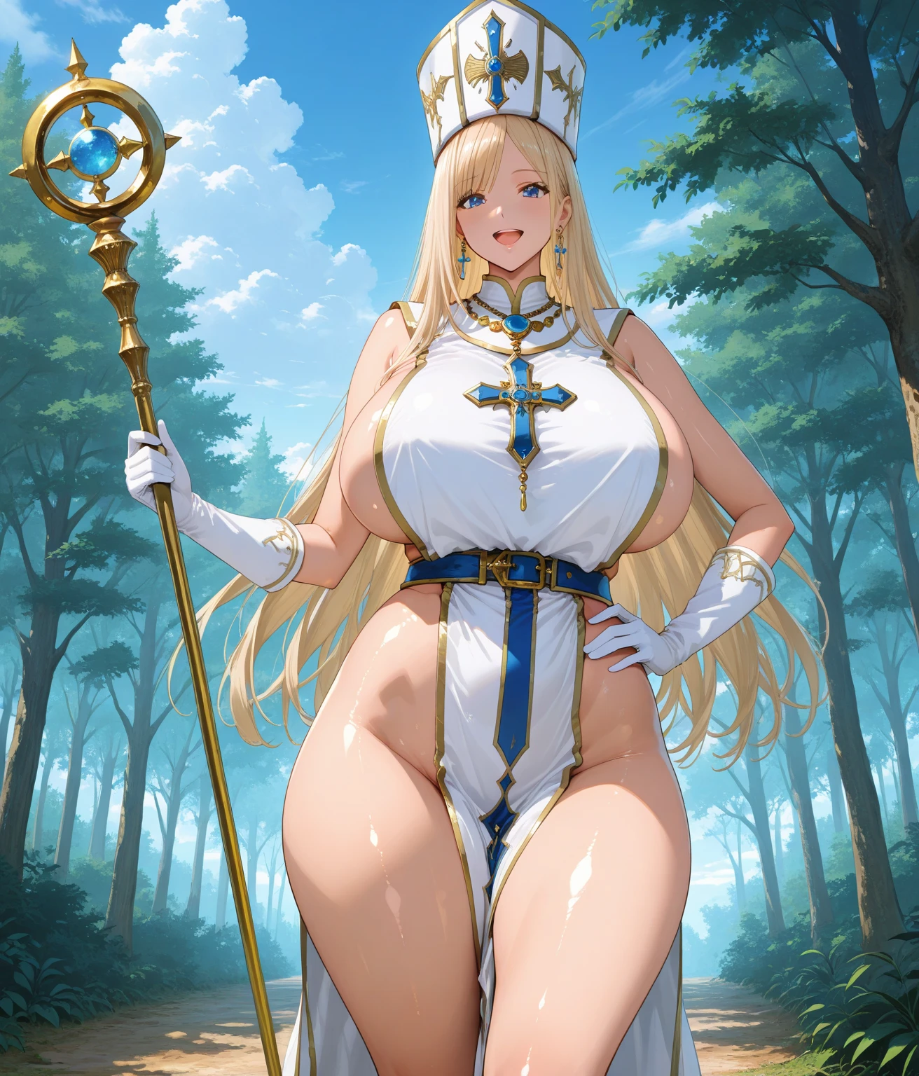 bust_portrait, blonde hair, motherly face, blue face, smiling, ssbbw, maternal, greek goddess, white toga, golden wreath in hair, huge breasts, bbw, thicc, huge thighs, fat ass, golden staff, white heavenly background
