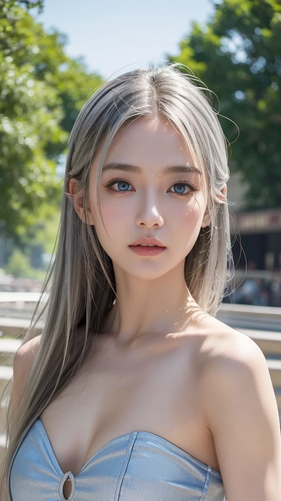 highest quality、8k Masterpiece、超A high resolution、(Photorealistic:1.3)、RAW Photos、1 girl、Silvery white hair、Glowing Skin、1. Open-chested clothing、((Ultra-Realistic Details))、Portrait、Global Illumination、Shadow、Octane Rendering、8k、Super sharp、Beautiful breasts、Bare skin exposed in the cleavage、Metal、Cold colors、、Very intricate details、Realistic Light、CGSoation Trend Beautiful Eyes、Eyes shining at the camera、Neon Details、Korean Idol Girls、Shining light gray eyes、、Small and shapely、Flat chest、