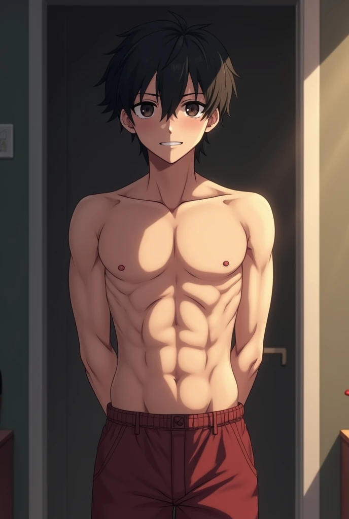 Un garçon adolescents dans le thème animé japonais dans un vestiaire il a les cheveux bruns des yeux marrons il est musclé il est torse nu il porte pas de pantalon il porte que son slip de couleur noir blanc de l'autre côté il a une érection et touche avec sa main son slips serrer sexy transpiration expression du visage gêné rugissement il touche son slips avec sa main il touche avec sa main son sous vêtements