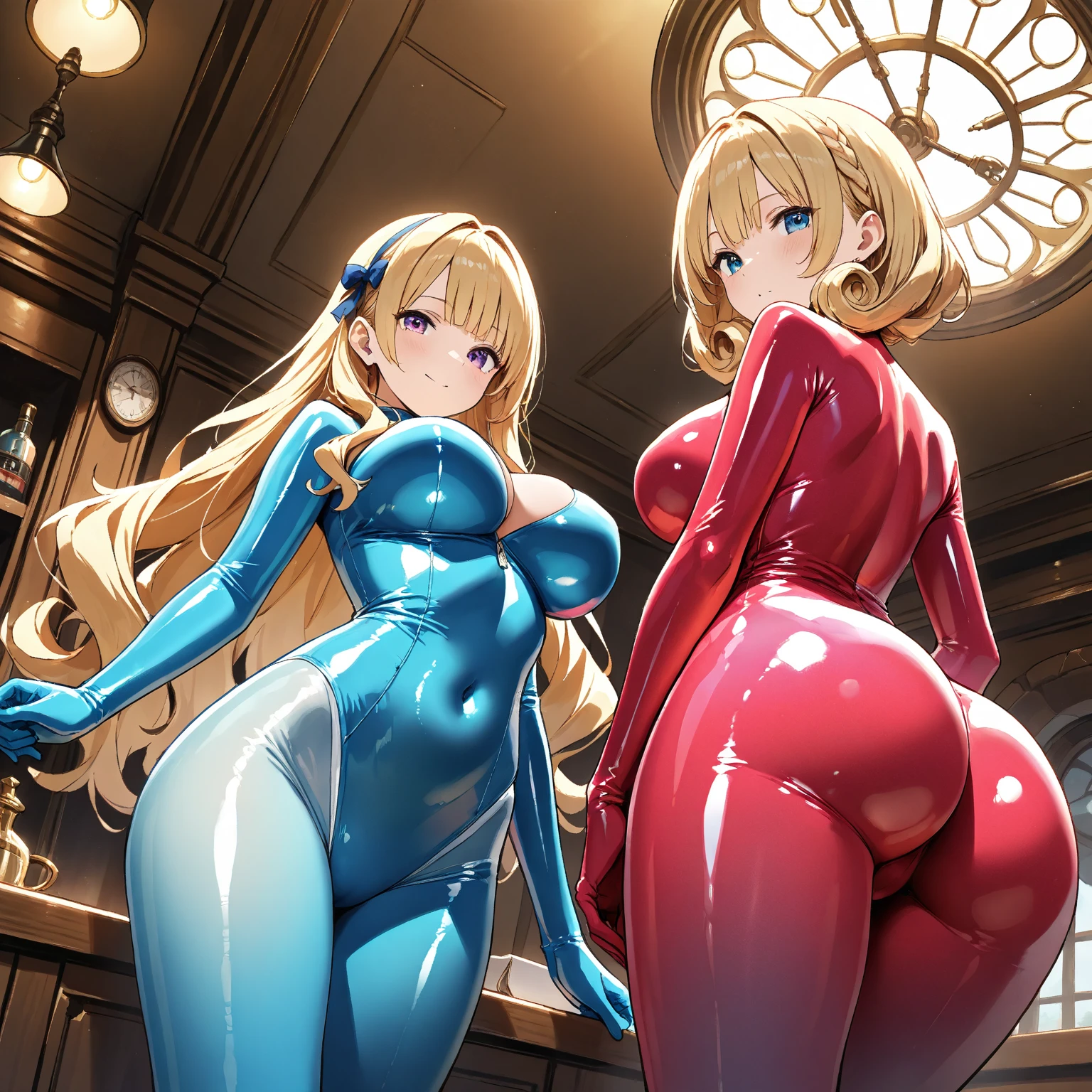 amicia michella - nijisanji, anime style, 1boyl, brown short hair, yellow inner hair, wavy hair, green eyes, detailed eyes, midriff, girly face, seductive, thin lips, painted lips, shy smile face, wide hips, thick thighs, huge round ass, medium breast, bulge, bunny ears ornament, black bunny suit, high-neck collar, bow tie, thigh high, garter, full body, dynamic pose, night pool, nsfw