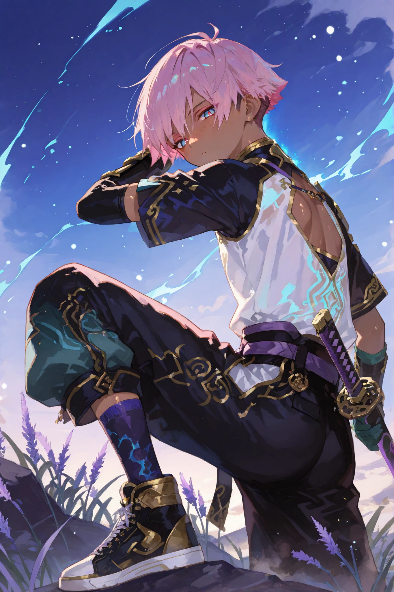 fantasy outfits, holographic, alternative-style. tanned boy mixed-race black skinned skinny young boy with freckles, glowing clear glossy wet shiny skin, short spiky lavender and salmon pink hair , black trimmed undercut taper sides and back behind hair, and sky blue neon eyes, baggy combat gi shirt with lavender trims shirt with black sleeves, boy gold trim, with cargo amored baggy pants with gold accents and armor, anime-style, detailed and bright holographic, tone, in a fighting combat pose pose holding a obsidian purple and black katana, very shiny skin, with lavender white torn socks with gold trims, fantasy holograhic, combat high sneakers