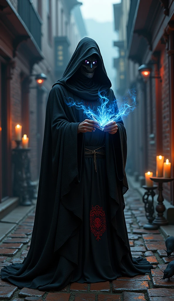 A monster in a black robe, hooded, with spooky lights around