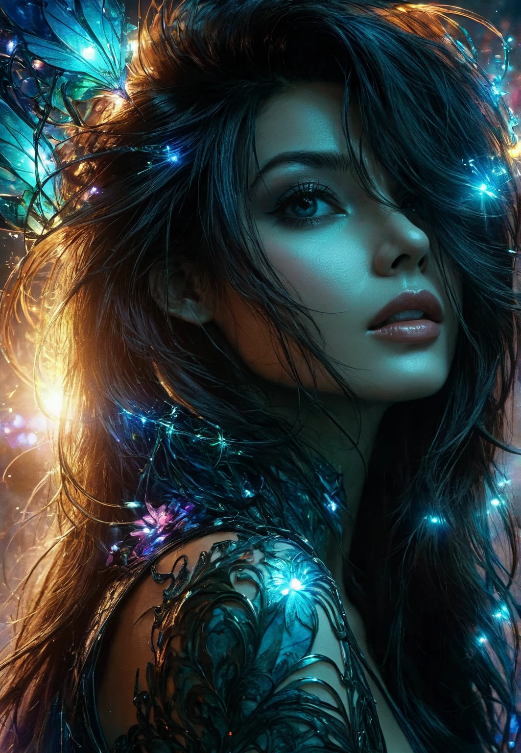 a very sexy long haired girl in a black crochet dress riding a swing in the air, 1 girl, alone, purple dress, swing, starlight, stars, watercolor, oil painting, whimsical, fantasy, (best quality,4k,8k,highres,masterpiece:1.2),ultra-detailed,(realistic,photorealistic,photo-realistic:1.37),extremely detailed eyes and face, beautiful detailed lips, longeyelashes, conceptart, dramatic lighting, glowing, magical, ethereal, surreal, , art inspired by Bill Sienkiewicz