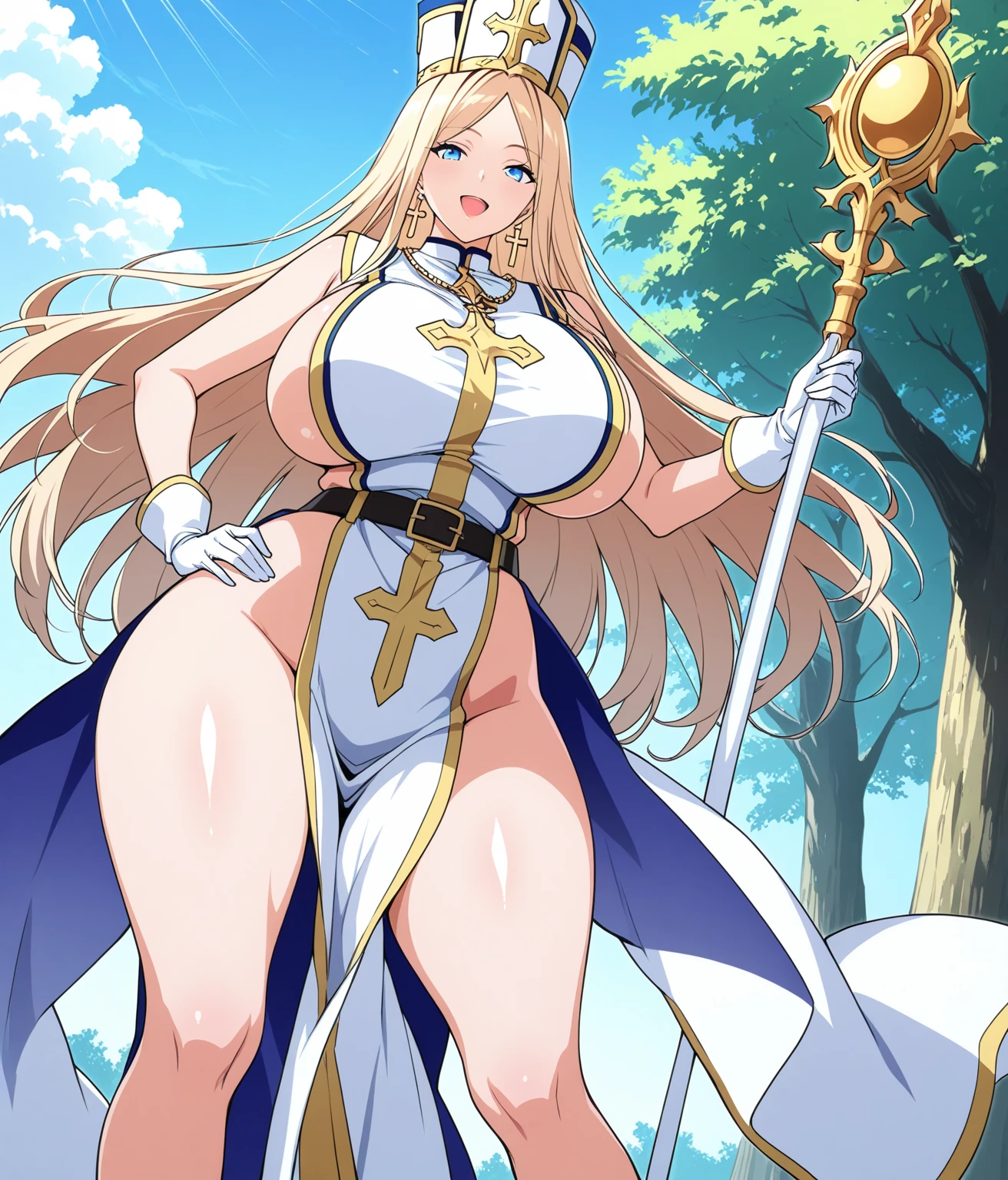 Masterpiece: superb super detailed goddess, white robe, long hair, blonde staff, sunshine, blue sky, big breasts, plump women, mature women