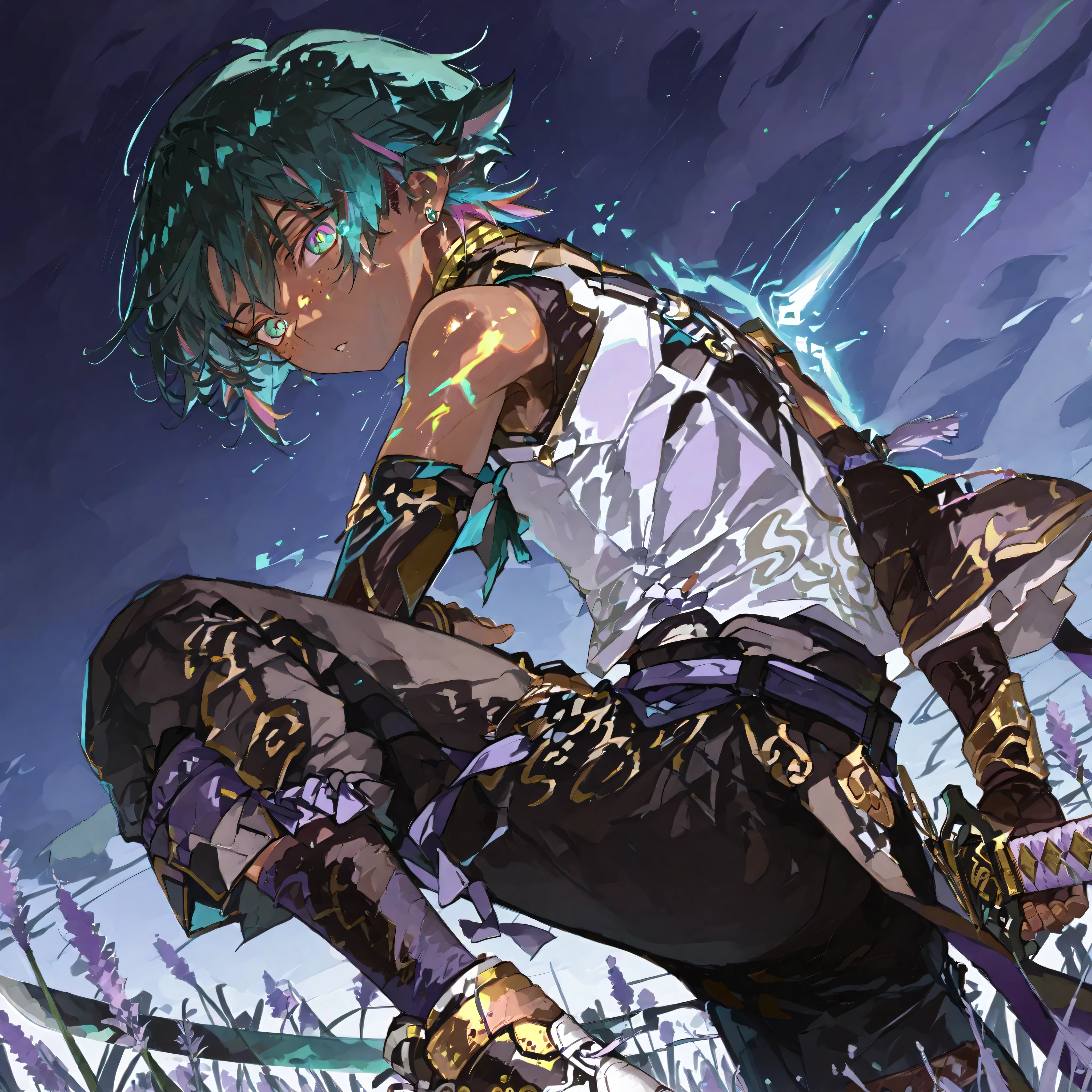 fantasy outfits, holographic, alternative-style. tanned boy mixed-race black skinned skinny young boy with freckles, glowing clear glossy wet shiny skin, short spiky lavender and salmon pink hair , black trimmed undercut taper sides and back behind hair, and sky blue neon eyes, baggy combat gi shirt with lavender trims shirt with black sleeves, boy gold trim, with cargo amored baggy pants with gold accents and armor, anime-style, detailed and bright holographic, tone, in a fighting combat pose pose holding a obsidian purple and black katana, very shiny skin, with lavender white torn socks with gold trims, fantasy holograhic, combat high sneakers