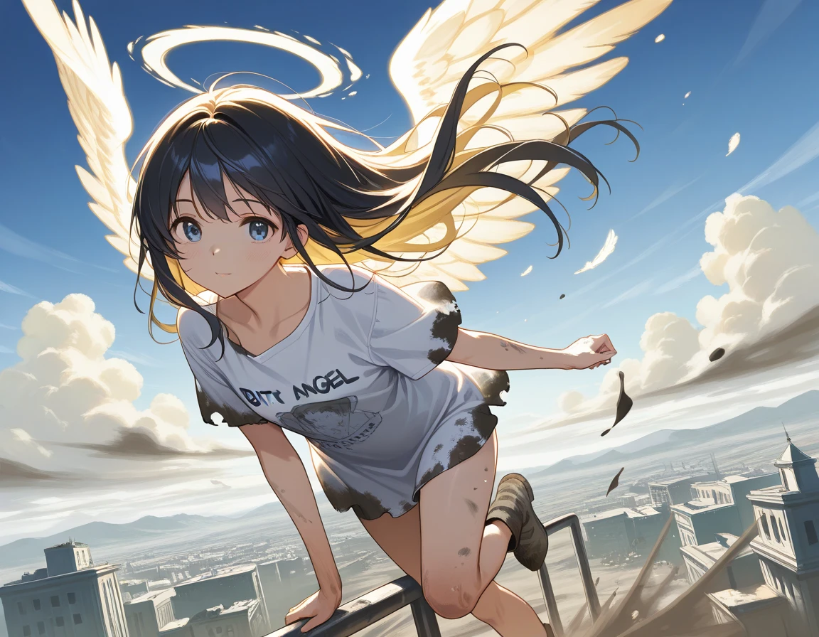 {{Mia},angel girl,tween,wavy short hair,navy hair-color,beautiful detailed face,parallel eyebrows,navy eyes,
eyes with large irises,blunt bangs,small nose,small mouth, fresh lips,small chin,small breasts,5feet tall},((angel halo, white big wings)),smile,feathers flying,
baggy training wear,in Sports gyms,