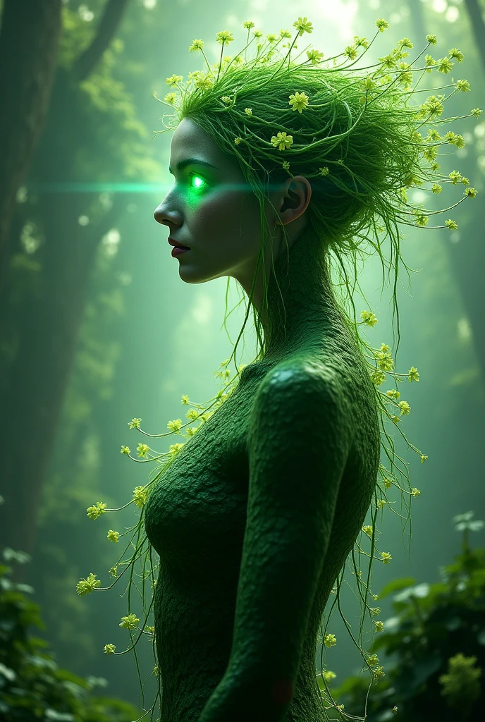 Leave behind the traditional spirit form and adopt an appearance that combines humanoid and tree elements.. Its skin is interlaced with living bark, and her hair is made up of leaves and flowers that change according to the seasons. Her eyes glow with an intense green light, like living emeralds.
Elven Presence: His figure is tall and stylized, as a forest entity. Their limbs are adorned with small branches and vines that move subtly as if they were an extension of their own body..
Aura Natural: Sylfendrén exudes a scent of damp earth and fresh flowers., and his presence is always accompanied by small animals and birds that follow him wherever he goes..