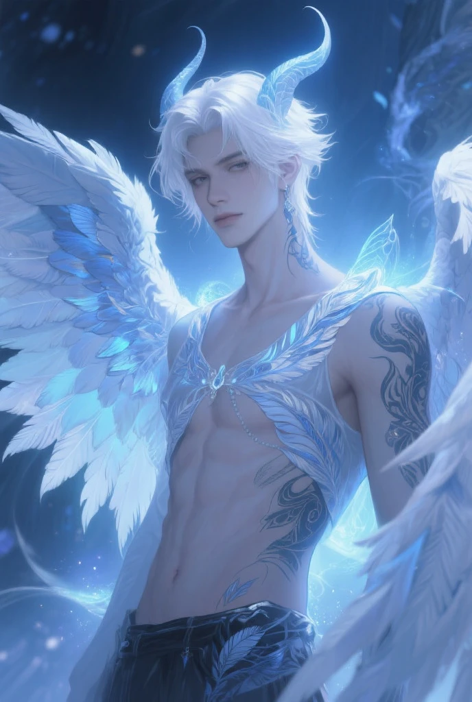 (Jack Frost: 1.6), full full body shots photorealistiic young man, fairy prince , 18 years old, milk white skin, blue eyes, white hair, shirtless, 6-pax abs, (full body shot), young boy, 18 years old, beutiful, perfect, milk white skin, handsome and ver hunky body, very detailed blue eyes, very pale skin, barefoot in a snow forest, winter , white sparkling wing, . (masterpiece:1.4, best quality), (intricate detail), Unity 8k wallpaper, Ultra Detailed, (abstract art:1.2), (Anato Finnstark style:1.3), boy from another dimension, a symphony of iridescent colors merging and shifting seamlessly, dynamic pose with rotating patterns of energy around you, a mix of determination and serenity in his expression, a general feeling of transcendence and exploration, consumed by inner darkness, empty waiting you, (Beautiful cosmic eyes), perfect lighting, perfect shading,, flying above the city smiling.